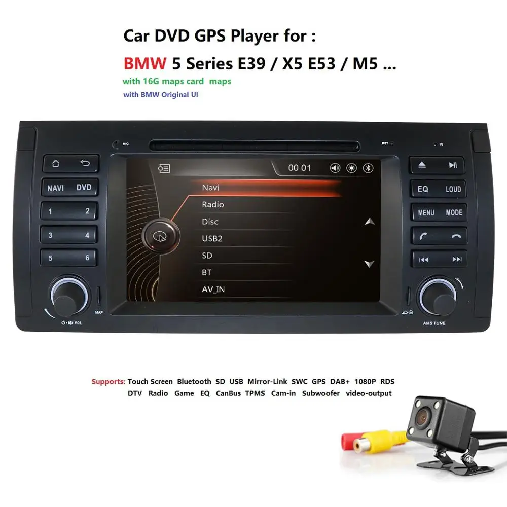 

1DIN GPS Navigation 7" Car DVD Player for BMW M5 E39 5 Series 1996-2003 X5 E53 2000-2007 M51996-2003 X7 E381994-2001with Bluetoo