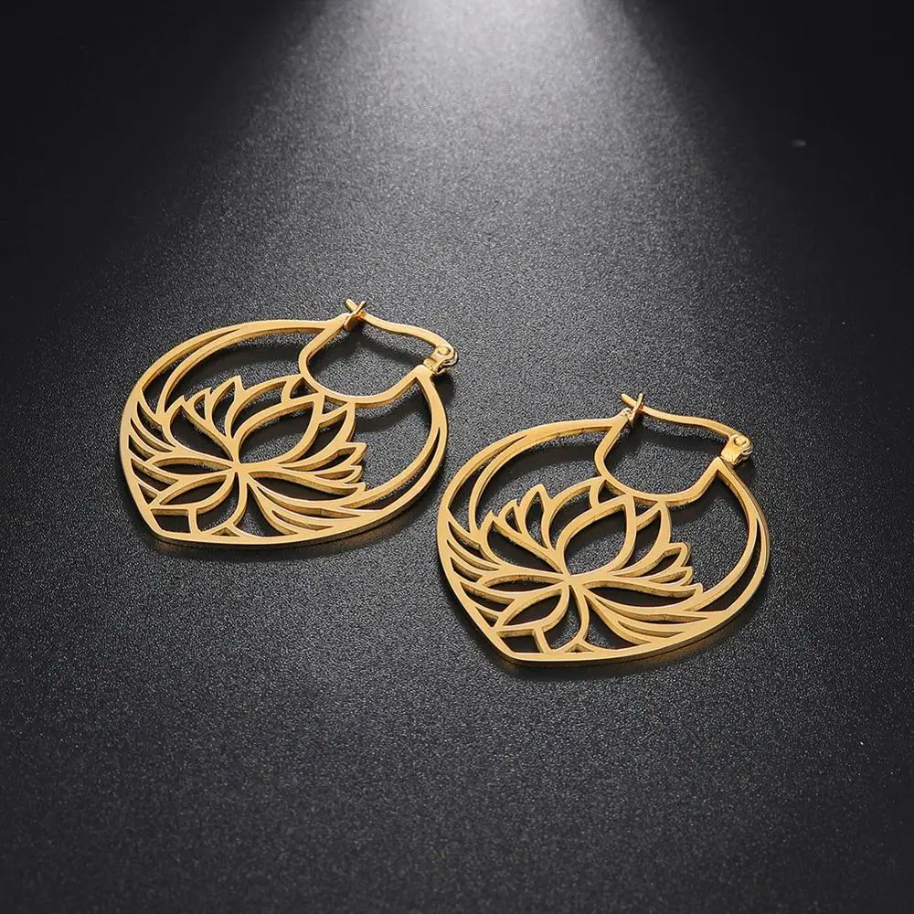 Skyrim Fashion Flower Lotus Hoop Earrings Stainless Steel Gold Color Boho Big Drop Earring Jewelry Gift for Women Female 2021 - Image 3