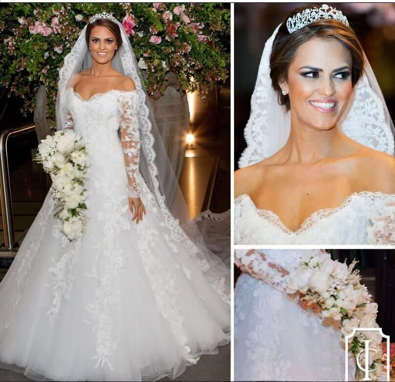 Kant Baljurk Trouwjurken Floor-Length Custom Size Nieuwe Luxe Wit/Ivoor Lange Mouwen Bruidsjurk Gratis verzending Kant Baljurk Trouwjurken Floor-Length Custom Size Nieuwe Luxe Wit/Ivoor Lange Mouwen Bruidsjurk Gratis verzending