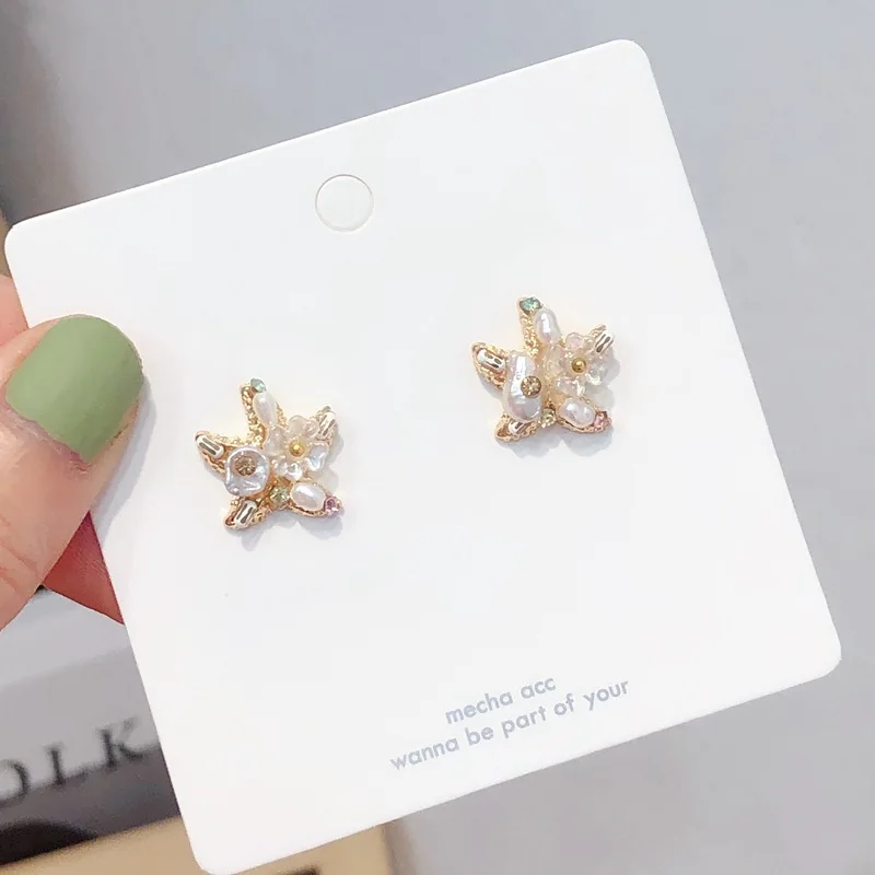 Корейский дизайн модные ювелирные изделия Элегантная изысканная ручная работа; пресноводный жемчуг серьги маленькие звезды оболочки кристалл серьги для женщин