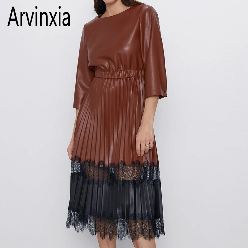 Arvinxia ZA повседневное однотонное Плиссированное Платье из искусственной кожи