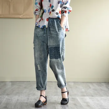 

Ripped Jeans for Women Vintage Artistic Embroidered Jeans Spring Elastic Waist Slimming Harem Pants All-match Casual Pants Women