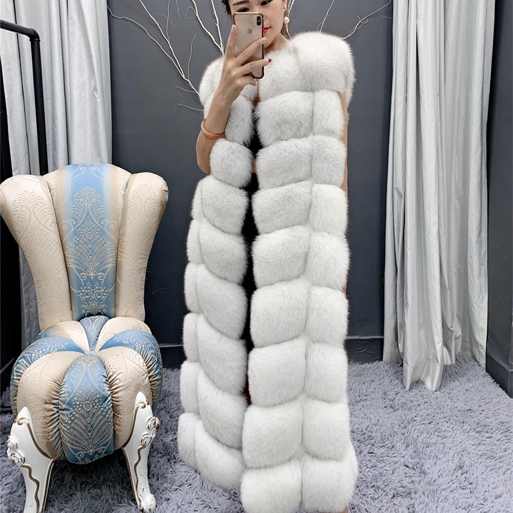 real natural fox fur vest for women sleeveless jacket blue fox fur short vest female winter jacket Women's Real Fox Fur Long Vest, Luxury, Plus Size, Plush, Sleeveless, Female Winter Jacket, Natural Blue Fox Fur Vests, 110cm