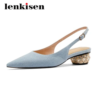 

Lenkisen concise style high quality fashion mature pointed toe med round heel buckle straps office lady dress women pumps L9f3