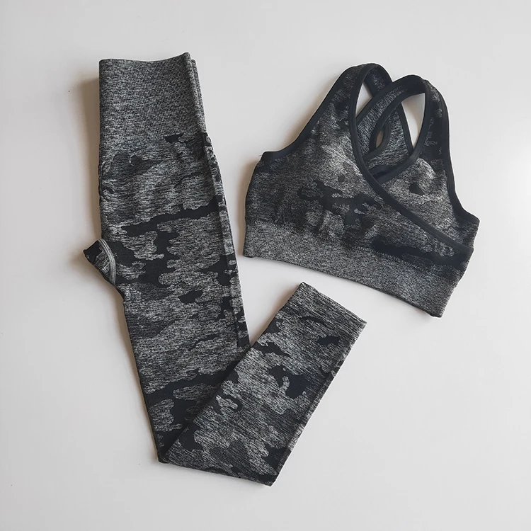 YS03 black bra set Комплект из 2 предметов, камуфляжный, камуфляжный, для йоги, спортивная одежда для женщин, для спортзала, фитнеса, одежда для занятий йогой, леггинсы+ спортивный бюстгальтер, спортивный костюм для спортзала, Femme - Цвет: YS03 black bra set