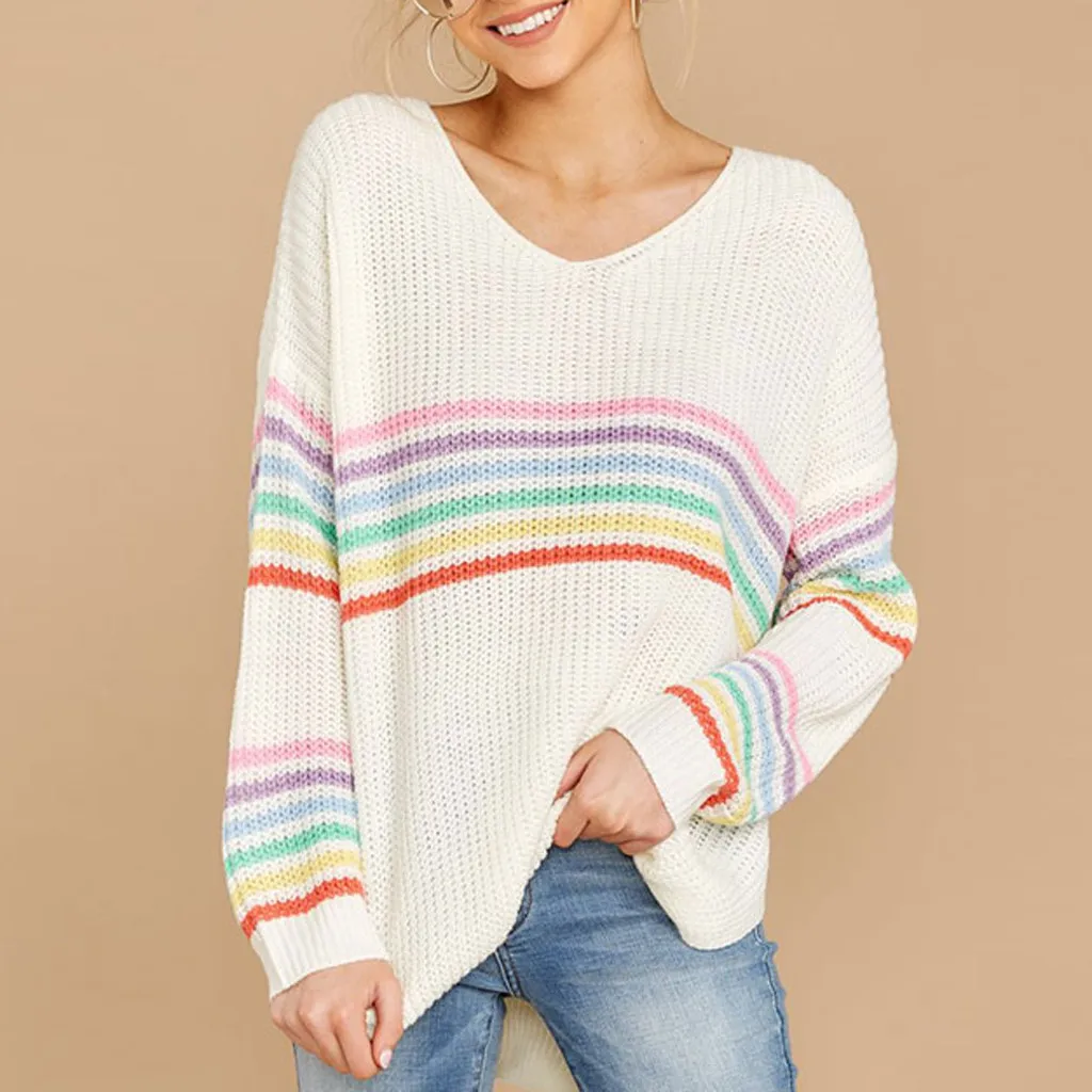

Pullover Plus Size Women Knitted Stripe Patchwork Long Sleeve V-Neck Sweater Top Casual Womens Sweater Lady Autumn Winter