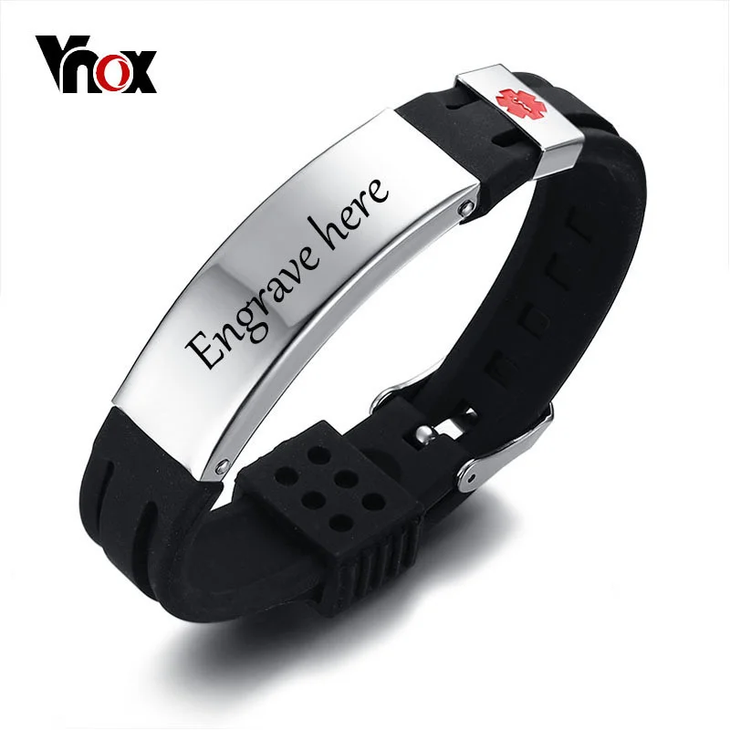 Vnox Free Personalized Engraving 15mm Medical Alert ID Bracelet for Men Women Silicone Stainless Steel Watch Band Adjustable medical alert bracelet