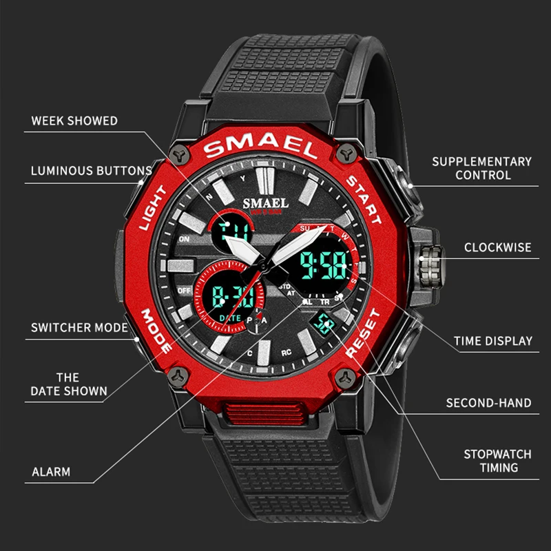Orologi al quarzo Sport SMAEL marca orologio maschile sveglia 50M cronometro impermeabile LED retroilluminazione orologi da polso 8047 orologio da uomo Sport  1511