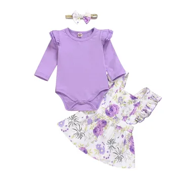 

Newborn Baby Girl Clothes Autumn Casual All-match Solid Ruffle Sleeves Top Romper and Flowers Pattern Strap Skirt Hairband Set
