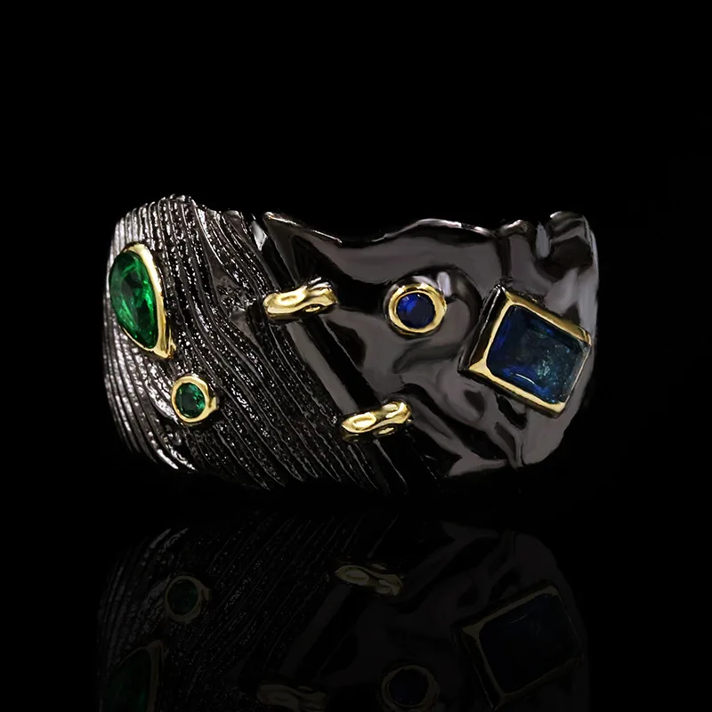 Unique Personality Jewelry Women 925 Sterling Silver Emerald Color Zircon Wedding Ring Vintage Black Gold | Украшения и