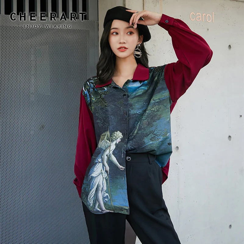 

Cheerart Vintage Angel Print Shirt Long Sleeve Womens Tops And Blouses Red Patchwork High Low Blouse Fall Clothing 2019