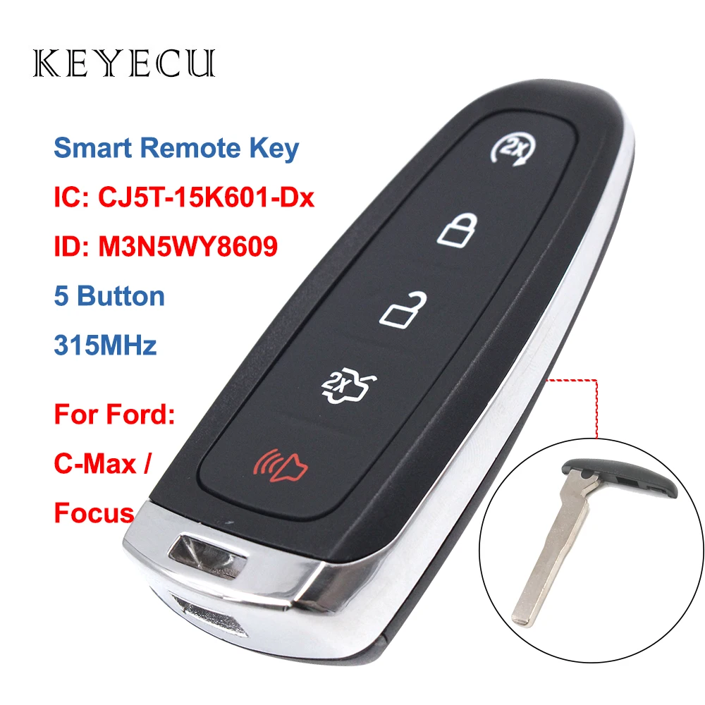 

Keyecu Smart Remote Car Key Fob 5 Buttons 315MHz ID46 / ID83 for Ford C-Max Focus 2014 2015 2016, M3N5WY8609, CJ5T-15K601-Dx