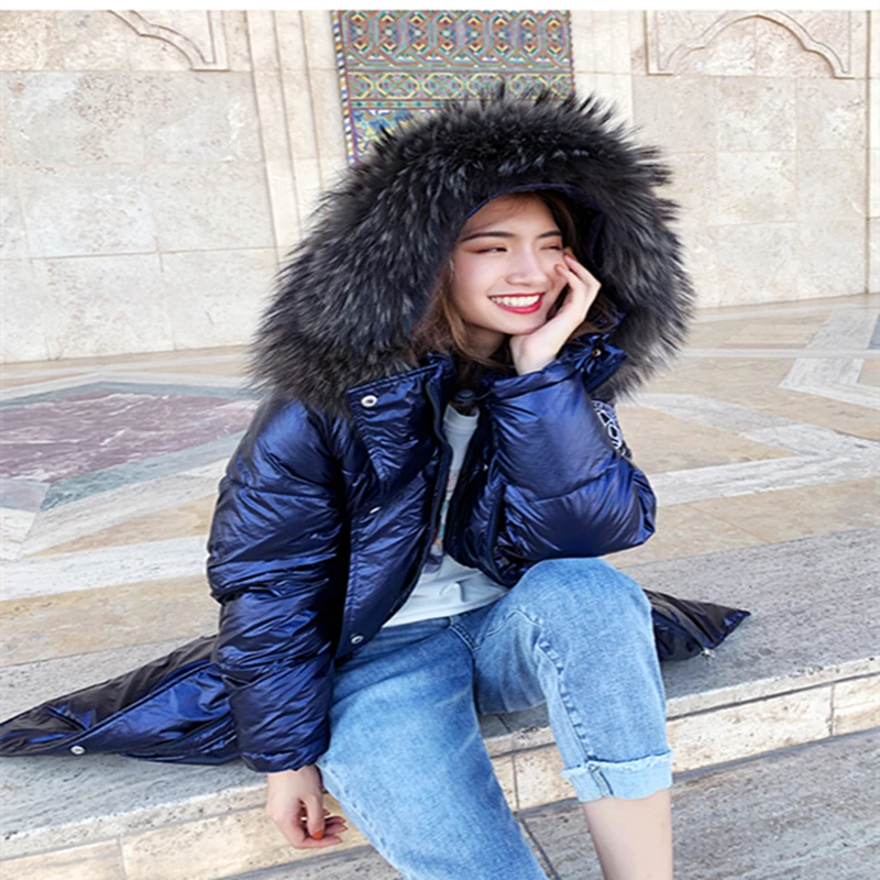 Темно-синий зимний женский длинный пуховик с капюшоном парка зимняя теплая куртка Женский пуховик