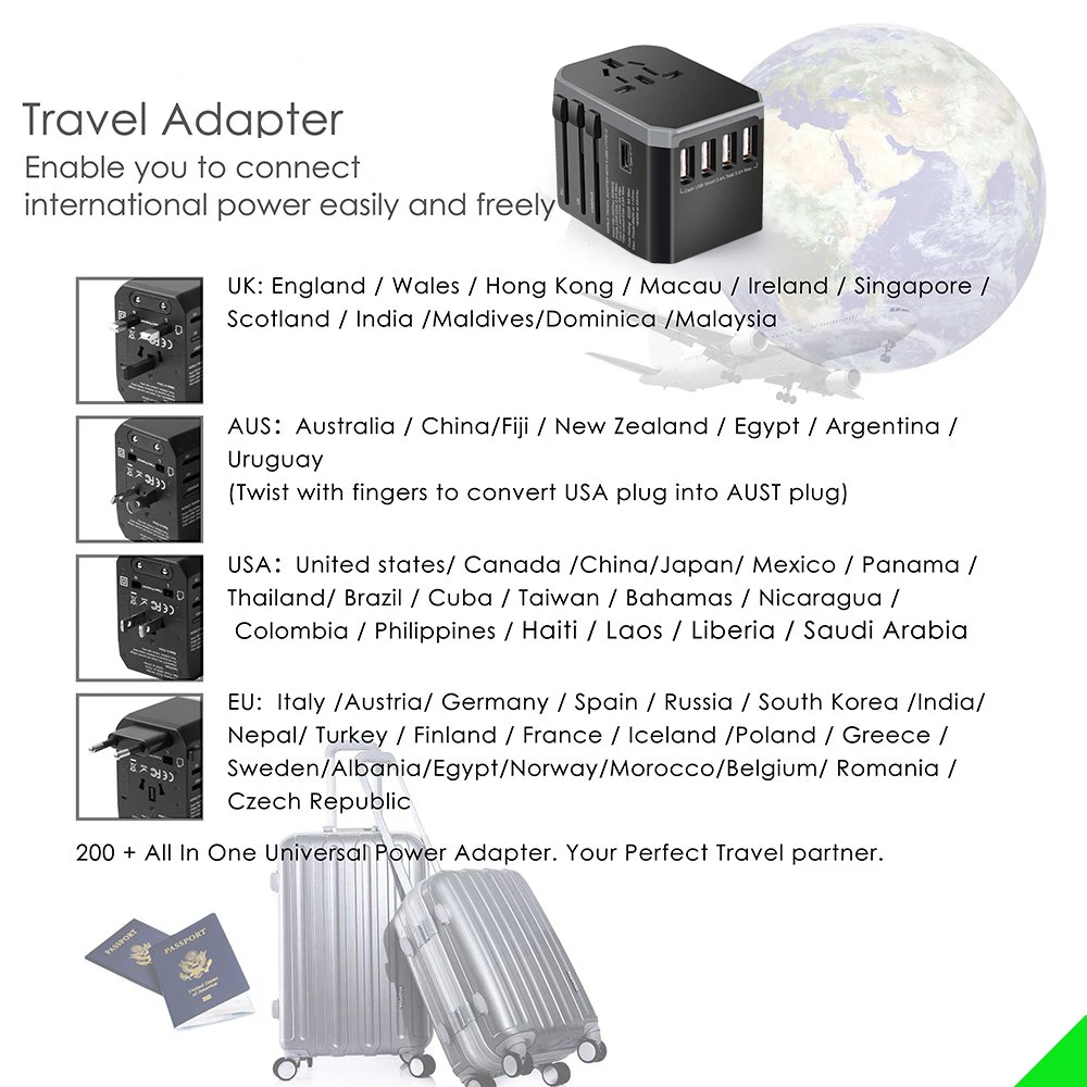 Adaptador de Viagem tipo c Adaptador de Alimentação para Plugues de Viagem Conversor para a ue Carregador de Viagem Universal Reino Unido au 4usb Eua - Image 5