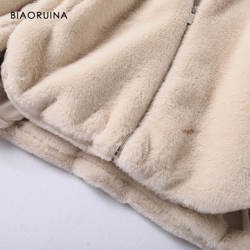 BIAORUINA, Женская однотонная свободная теплая куртка с капюшоном из искусственного меха, женская модная зимняя куртка на молнии, Повседневная Удобная верхняя одежда для девочек