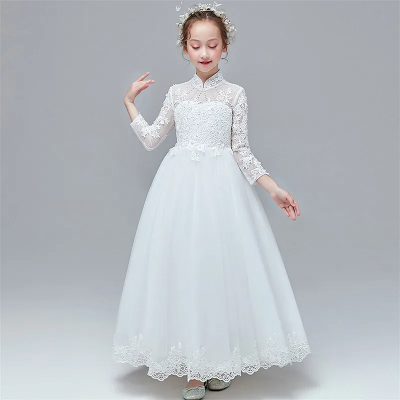 Детское Модное Длинное кружевное платье с воротником-стойкой для маленьких девочек; праздничное вечернее платье для маленьких детей