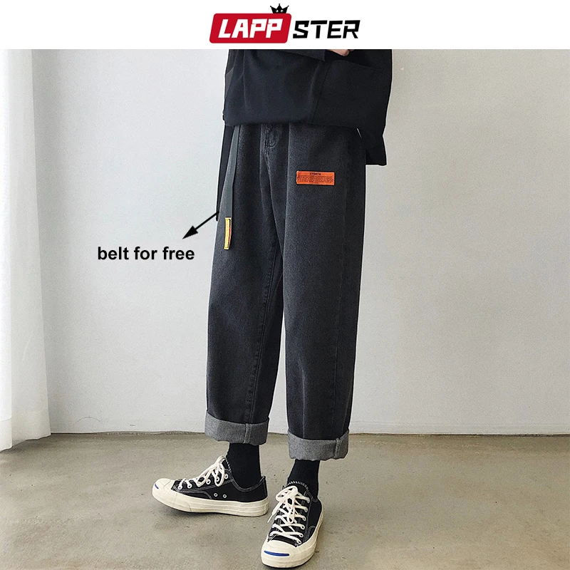LAPPSTER Mens Korean Fashoins Harem Blue Jeans Pants 2019 Vintage Straight Pants Harajuku Jeans Baggy Belt High Quality Denim LAPPSTER Mens Korean Fashoins Harem Blue Jeans Pants 2019 Vintage Straight Pants Harajuku Jeans Baggy Belt High Quality Denim