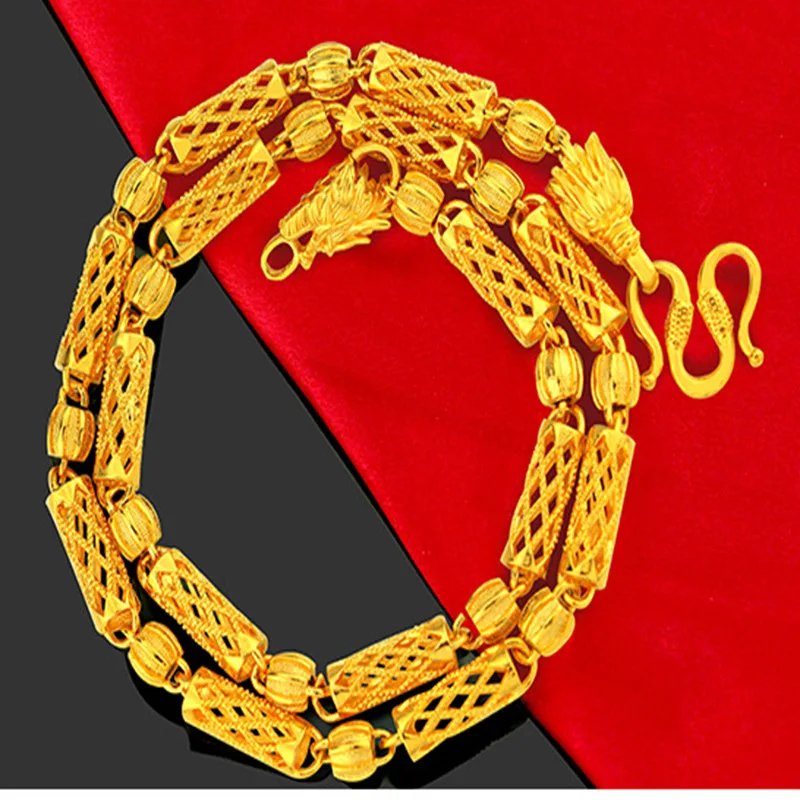 

Luxury 18K Gold Men's Necklace for Wedding Engagement Anniversary Gifts Retro Faucet Hollow Cylindrical Beads Chain Jewelry Male