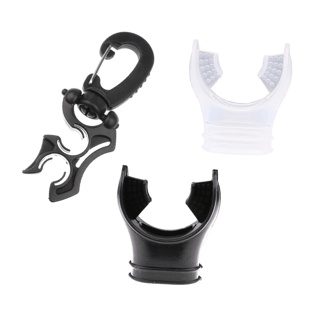 2 Pieces Soft Black + Clear Silicone Scuba Dive Tube Mouthpiece Regulator & Hose Holder Retainer Clip Gear Equipment