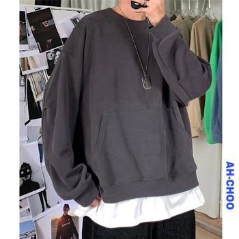 

2020 Men's Two Splicing Hoodies Cotton Casual Coats Fashion Loose Sweatshirts Grey/khaki/blue/green Color Pullover Size M-XL