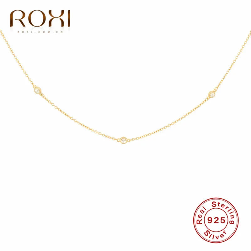 Золотой цвет ROXI, 925 пробы, серебряное ожерелье с кристаллами и подвеской, массивное ожерелье для женщин, цепочка на шею, колье, колье - Окраска металла: Золотой цвет
