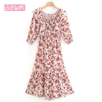 

Elegant Seaside Holiday Printed Off-the-shoulder Ruffled Women Dress High Waist Over Knee Round Neck Chic Female Dress