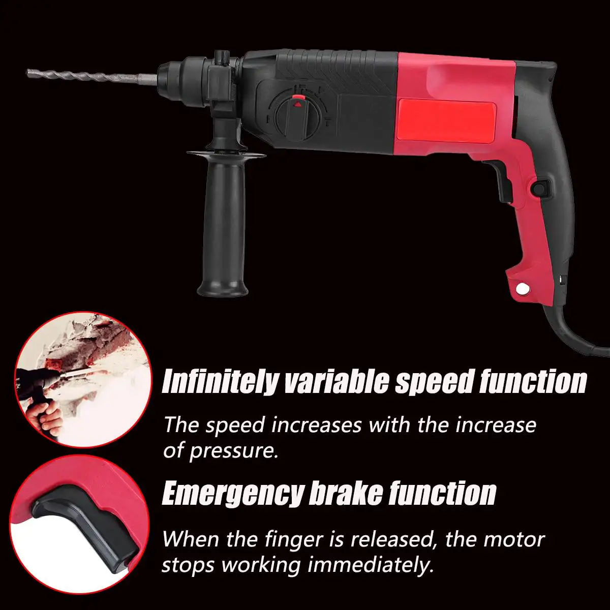 Drillpro 650W 220V 24mm 3 Function Electric Rotary Hammer Electrodrill Household Cordless Power Electric Impact Drill Pick 2 Bit