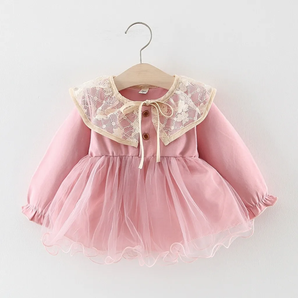 Платье с длинными рукавами для новорожденных детей ясельного возраста; кружевное платье с оборками и фатиновой юбкой в стиле пэчворк; однотонные повседневные платья; vestido infantil