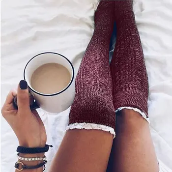 

Girls Women Winter New Stylish Fashion Warm Anti-friction Breathable Cute Lace Over-Knee Highs Socks Solid Cotton Long Stockings