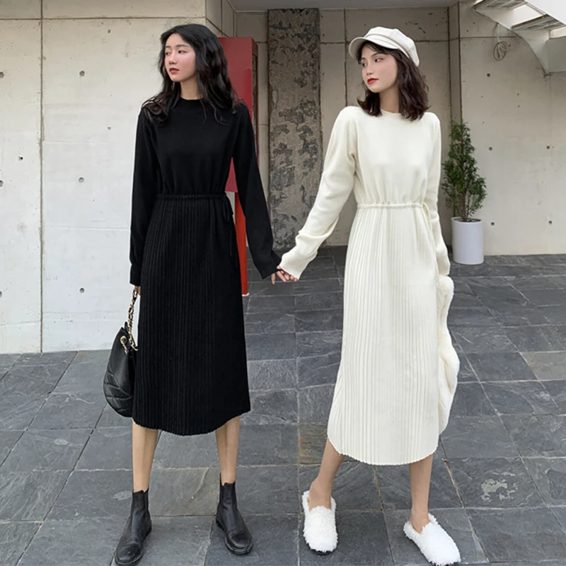 

Chic Simple Drawstring Knitted Dress Winter Autumn Solid Color Kpop Pleated Women's Dresses Elegant Long Sleeve Midi Dress Black