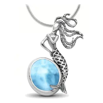 

Hot Selling 925 Sterling Silver Natural Dominica Larimar Mermaid Pendant Necklace Womens Jewelry For Gift