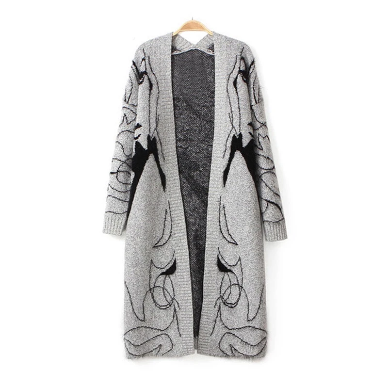 

SVOKOR Casual Cardigan Women Faux Rabbit Fur Abstract Painting Long Sweater Western Style Simple Knitting Cardigan Female