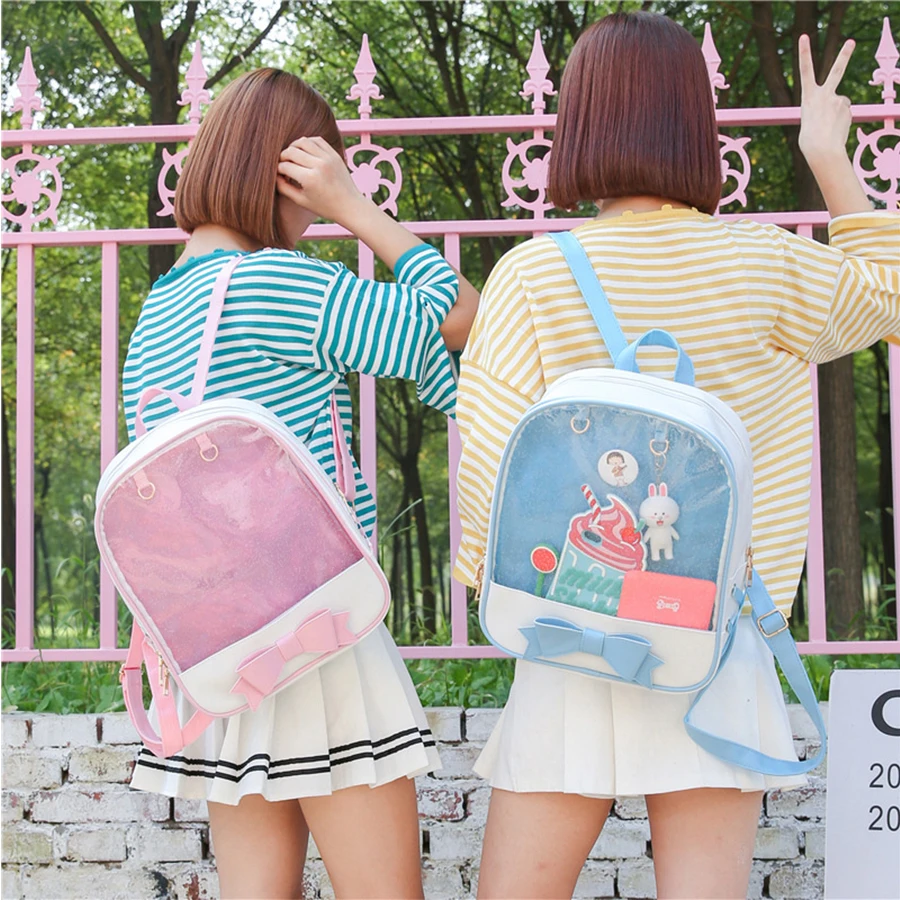 

Clear Transparent Women Backpack Cute Bow Ita Bags For School Mini Pink Black Schoolbags For Teenage Girls Fashion Bookbag 2020