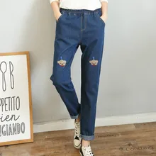 S-XXL джинсовые штаны для девочек с вышивкой милого медведя Harajuku/модные эластичные свободные джинсовые штаны для студентов штаны-шаровары с высокой талией
