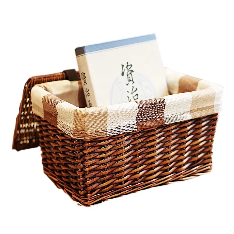 

Classic Handwoven Household Storage Wicker Basket with Lid for Clothes Sundries Pastoral Home Rattan Laundry Basket with Liners