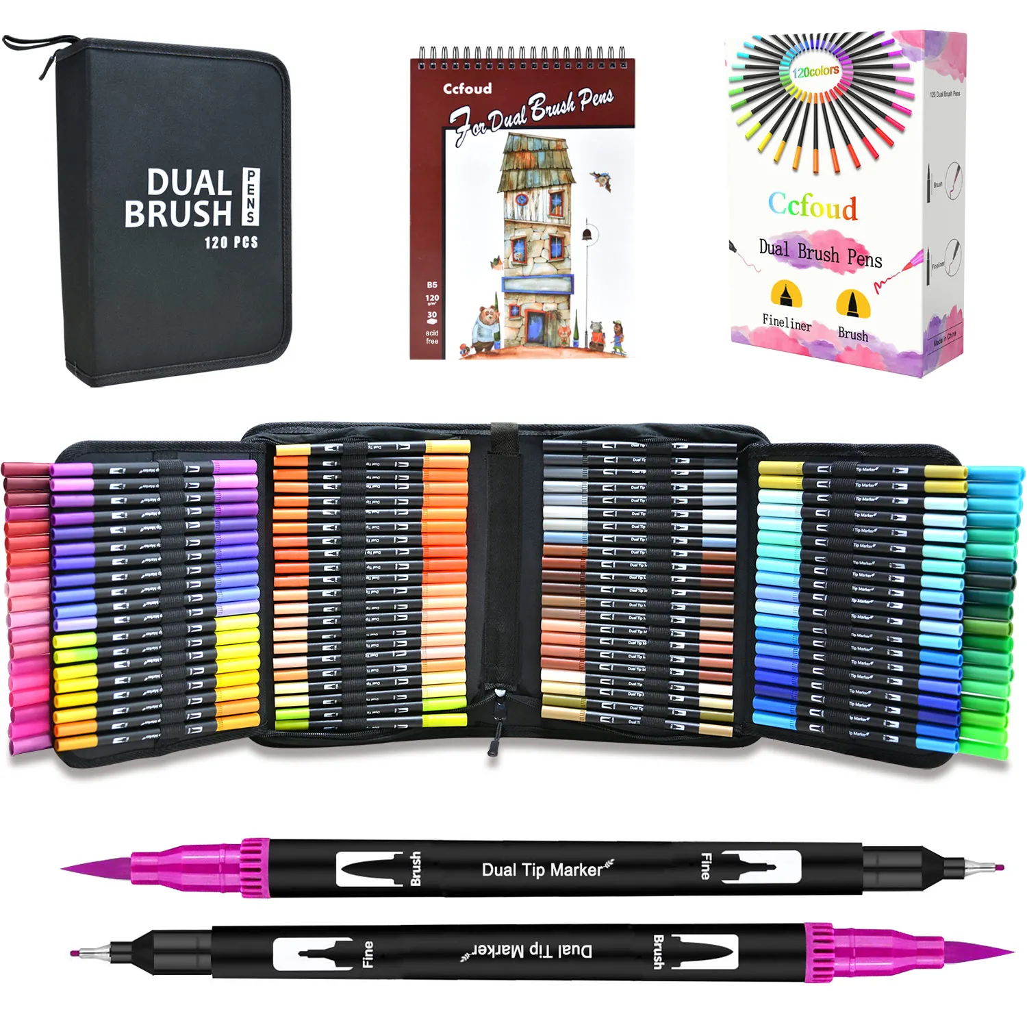 120 Double-Tip Art Markers, Water-Based Coloring Brush Marker Set Suitable for Children and Adults Calligraphy and Painting