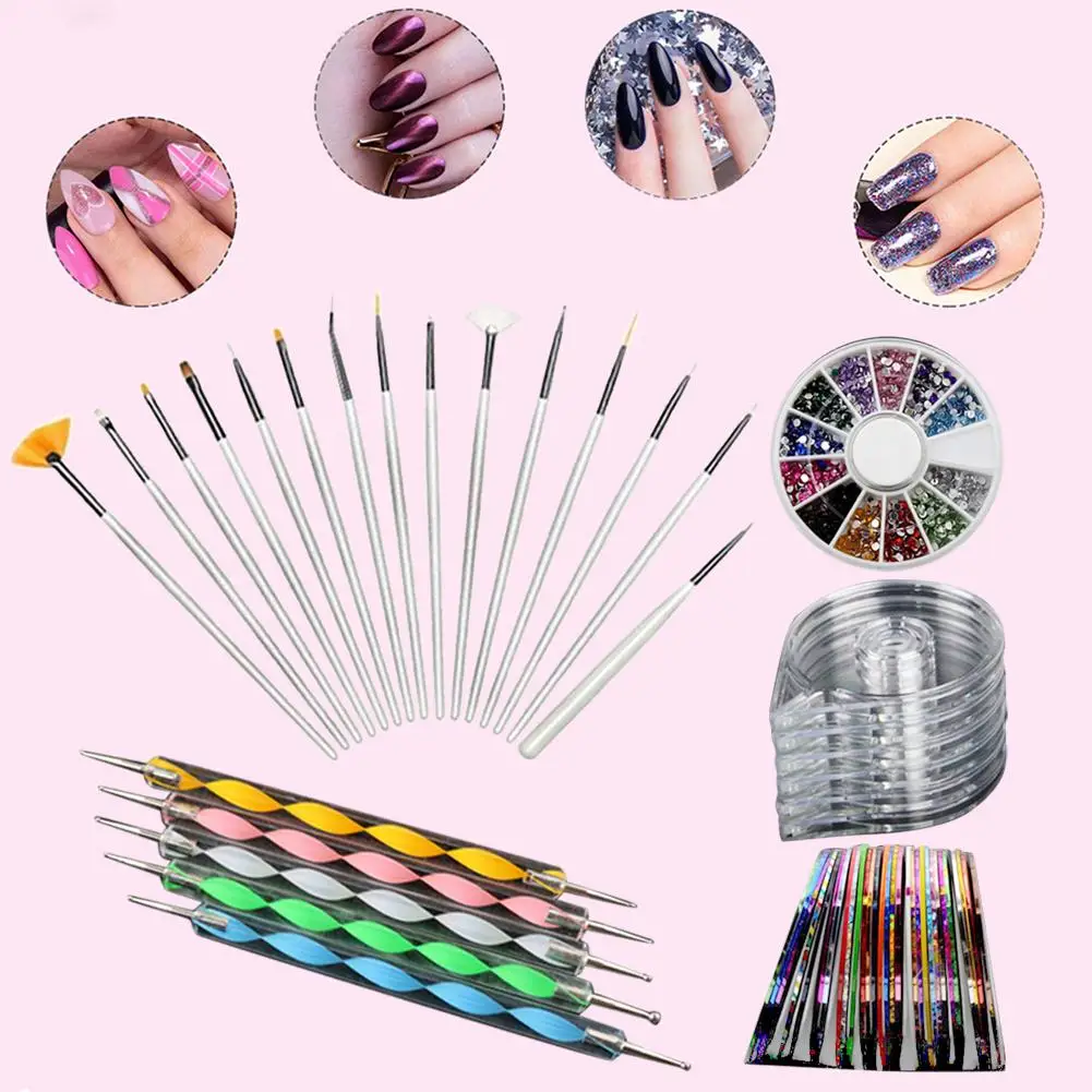 Набор для нейл-арта включает в себя 30 полосовых лент и 4 коробок для чередования роликов и 12 цветов Стразы и 5 красок и 15 кистей