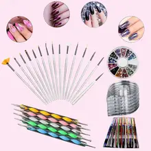 Набор для нейл-арта включает в себя 30 полосовых лент и 4 коробок для чередования роликов и 12 цветов Стразы и 5 красок и 15 кистей