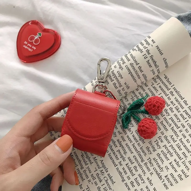 

1PCs Luxury Red Cherry Soft Headphone Case for Airpods Case Leather Cover Protective Bags with Key Rings Earphone Accessories