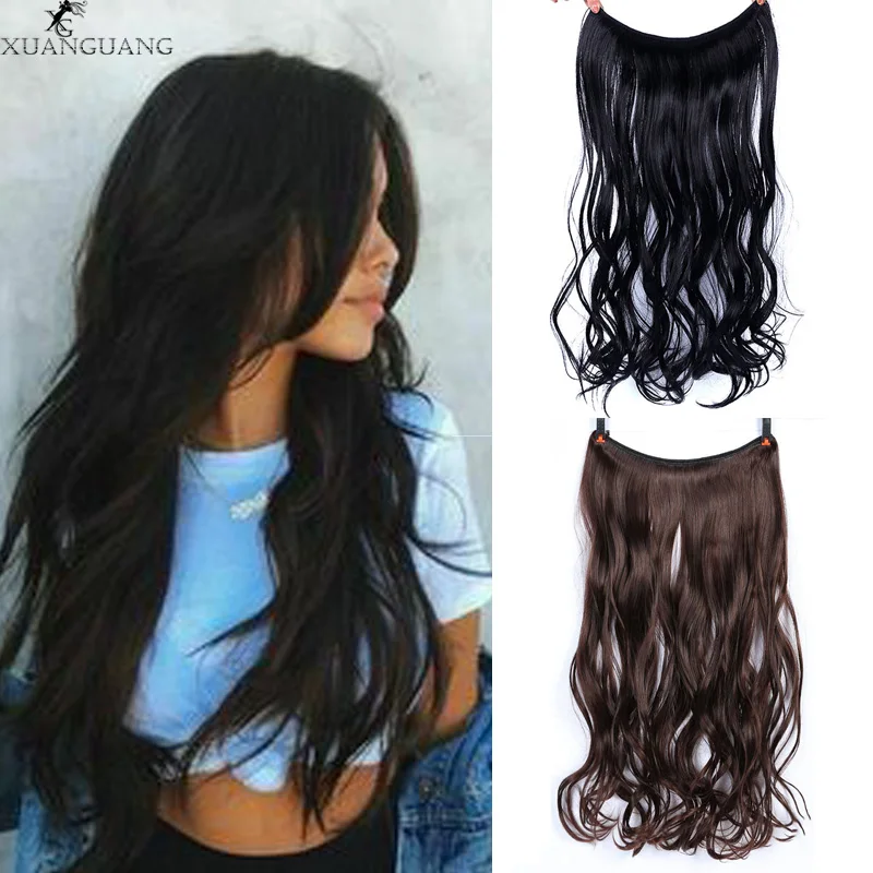 

XUANGUANG 24" Long Invisible Fish Line Hair Extensions Hair Pieces Heat Resistant Synthetic No Clips Natural Wavy Hair Piece