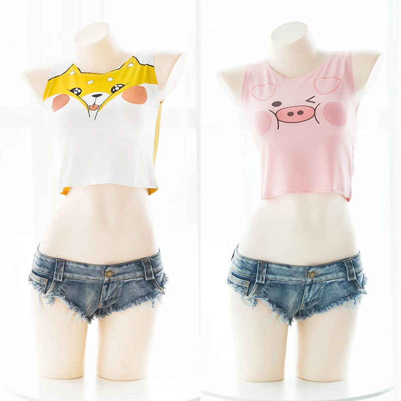 

Cute Shiba Inu doge cartoon Small vest Sleeveless t-shirt Short sling Tight summer girls women cat rabbit dog Harajuku kawaii