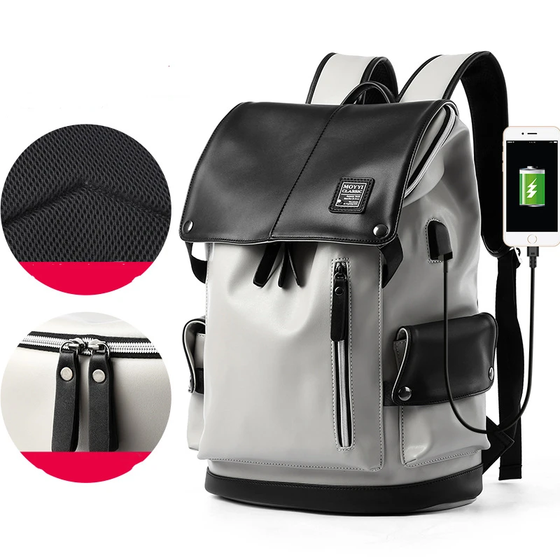 

Laptop Backpack 14 Inch Men Usb Charging Black White Pu Leather Computer For Man Waterproof School Rugtas Work Office Fashion 17