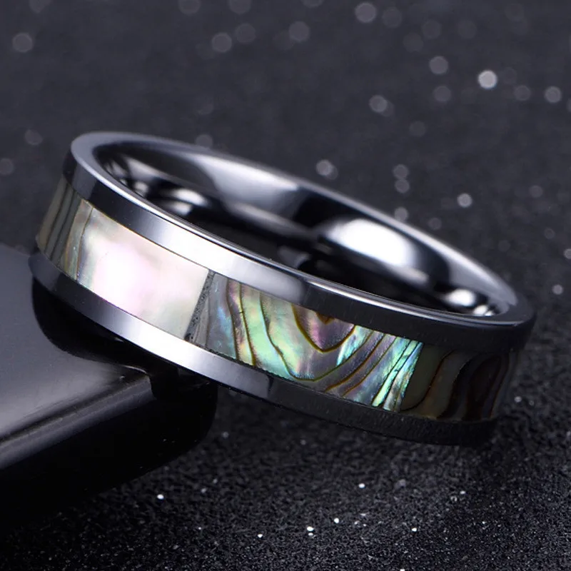 New Fashion 8mm Men's White Stainless Steel Ring Natural Abalone Shell Inlay Beveled Edged Tungsten Women Wedding Band | Украшения и