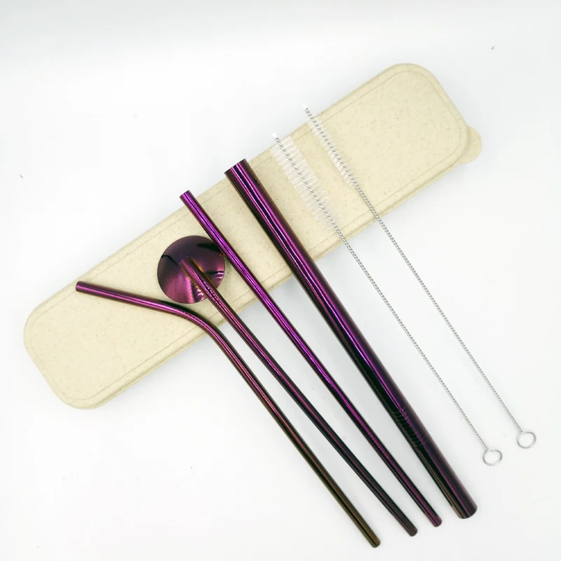 Purple with box Экологически чистый набор соломинок для напитков из нержавеющей стали 3 шт. с коробкой для переноски+ 1 шт. щетка для очистки, многоразовые аксессуары для соломы - Цвет: Purple with box