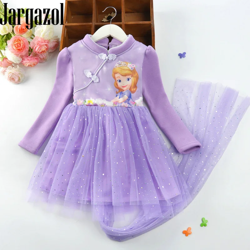 Зимнее флисовое платье принцессы Софии с длинными рукавами; одежда для маленьких девочек; праздничные платья для подростков; костюм принцессы Эльзы; Vestidos