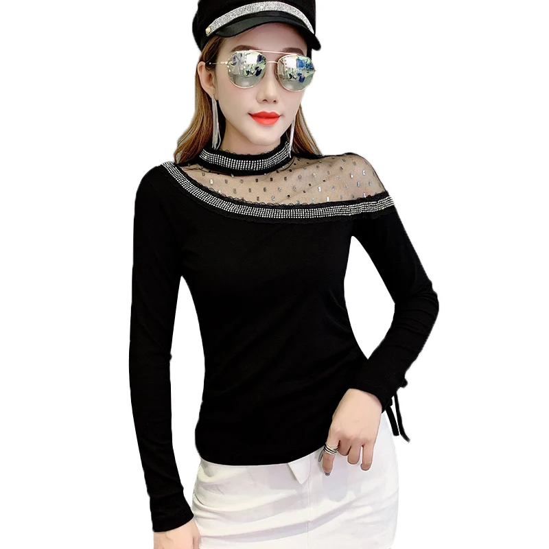 Black tshirt Модная сексуальная блестящая сетчатая блестящая Прозрачная Футболка с бриллиантами, европейский стиль, осенне-зимний женский топ, Camiseta Mujer T98807 - Цвет: Black tshirt