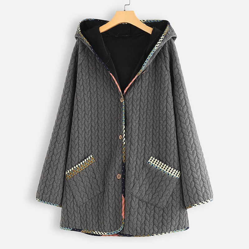 Hot Sale Womens Warm Casual Loose Hooded Ladies Long Sleeve Pocket Large Size Coat Jacket Winter Woman Button Hooded Coat 2019