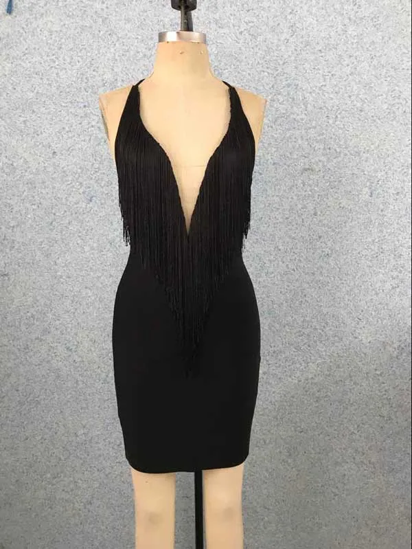 Новейшее женское платье черно-белое с кисточками v-образным вырезом мини сексуальный коктейль со знаменитостями вечерние Бандажное платье
