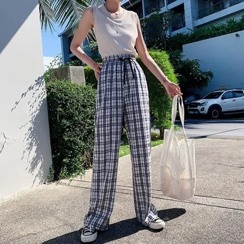 

Pants Women Plaid vintage linen Elastic Waist Korean All-match Womens Spring Long Trousers Straight Casual Loose Wide leg pants