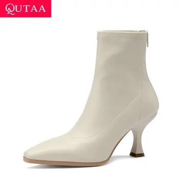 

QUTAA 2021 Quality Cow Leather Zipper Ankle Boots Hoof High Heel Fashion Women Shoes Autumn Winter Concise Short Boots Size34-39